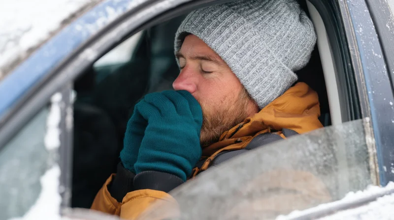 Man sleeping in car interior during winter with snow on vehicle and frost on window