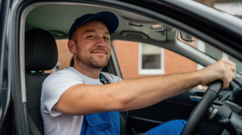 Man smiling while driving a car, wearing blue overalls and cap, inside vehicle interior