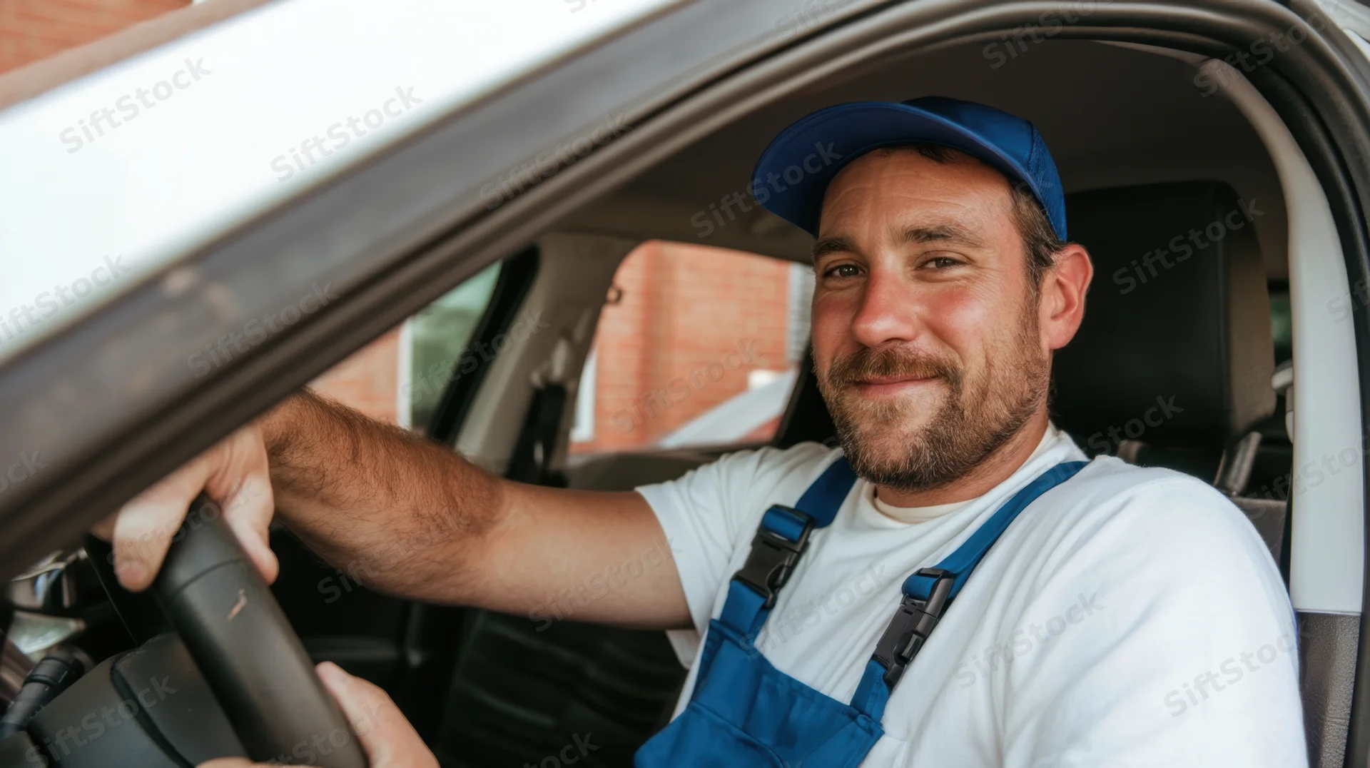 Man in blue cap and overalls smiling while driving a vehicle