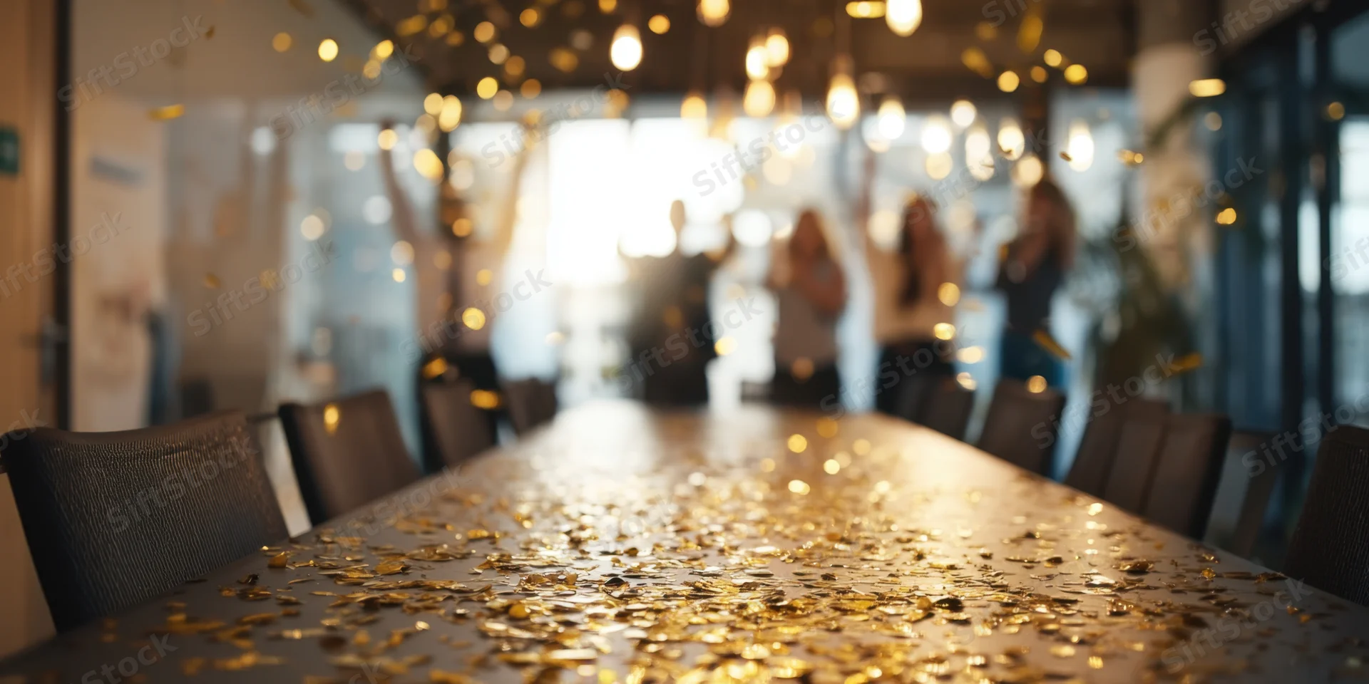 Golden confetti scattered across a conference table in a modern office with blurred team celebrating in background
