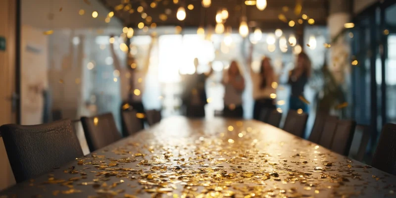 Golden confetti scattered across a conference table in a modern office with blurred team celebrating in background