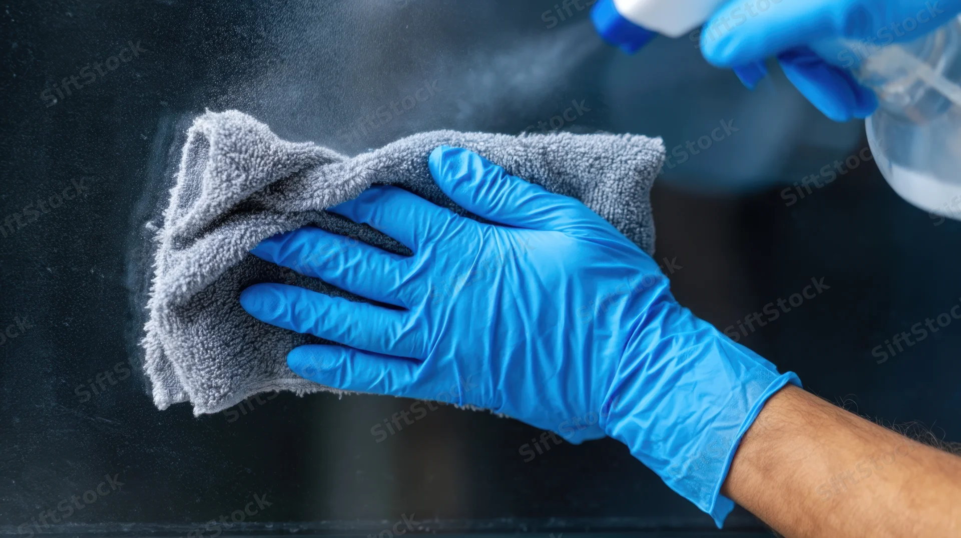Hand in blue nitrile glove wiping glass surface with cloth while spray bottle dispenses cleaning liquid