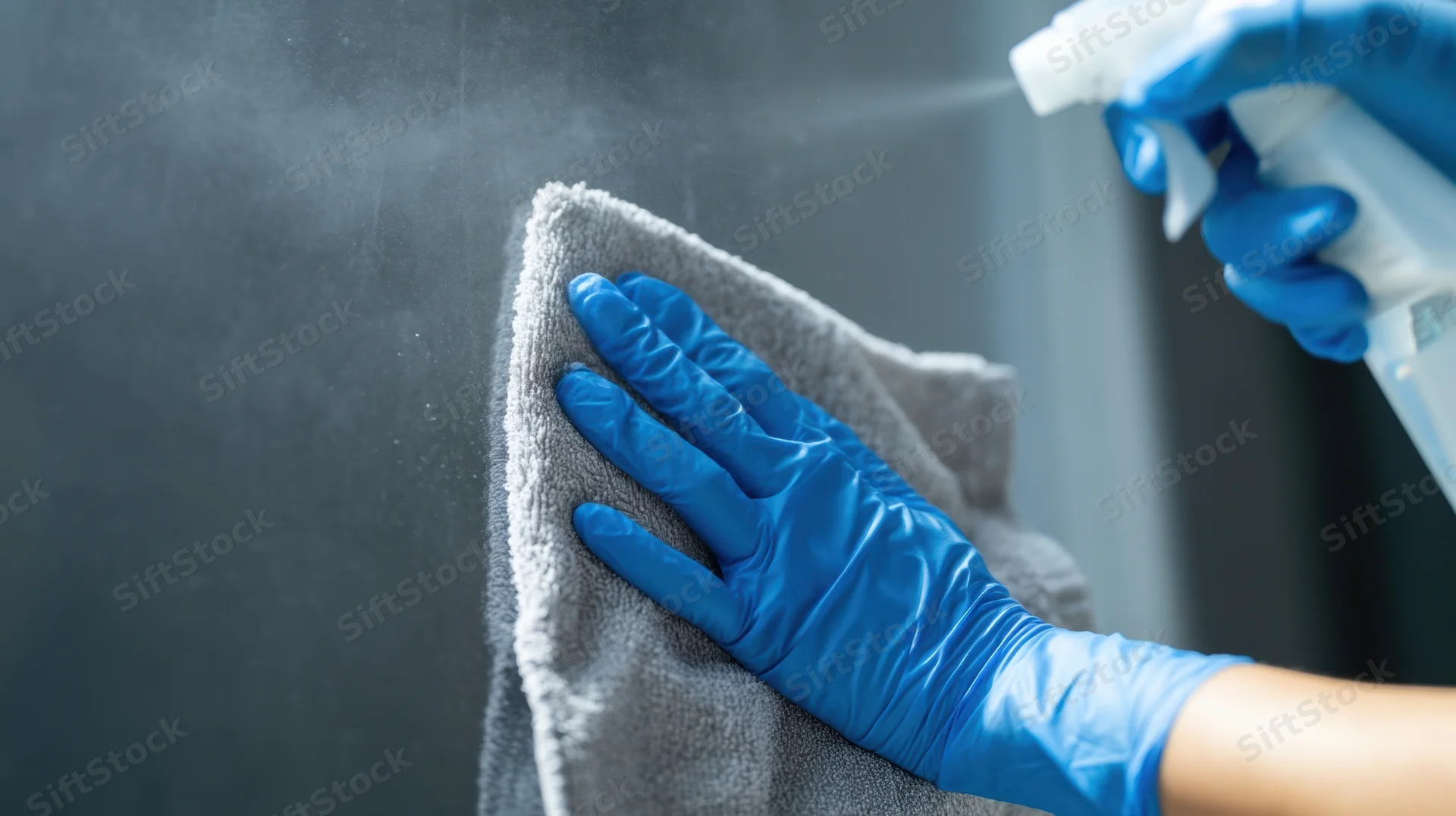 Hands in blue nitrile gloves spraying disinfectant and wiping a dark surface with a gray towel