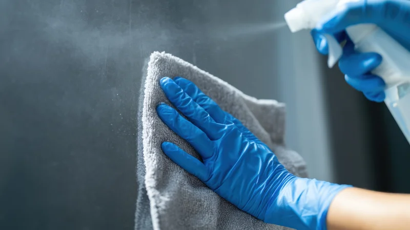 Hands in blue nitrile gloves spraying disinfectant and wiping a dark surface with a gray towel