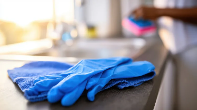 Blue rubber gloves resting on a kitchen countertop near a sink with a person cleaning in the background