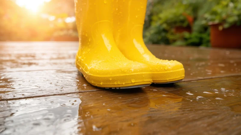 Bright yellow rainboots standing on a wet wooden deck with water droplets and garden plants in the background