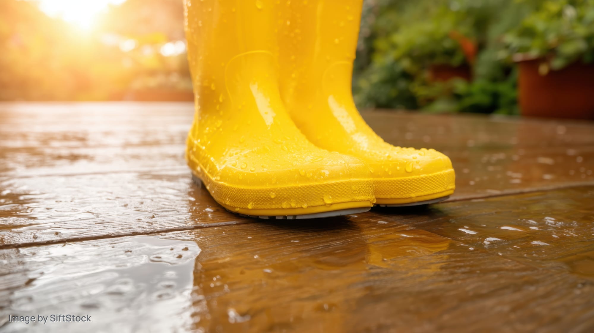 Bright yellow rainboots standing on a wet wooden deck with water droplets and garden plants in the background