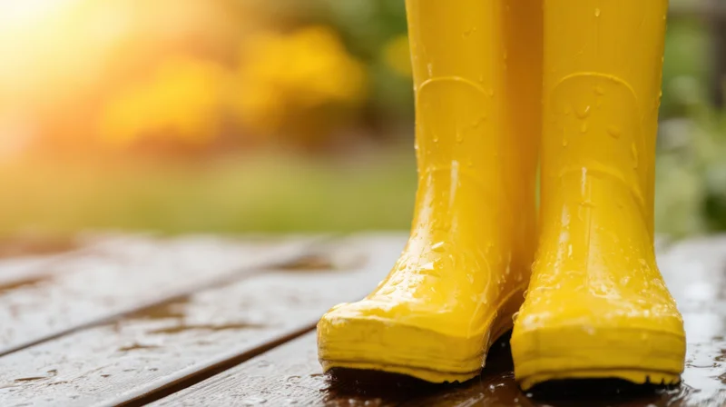 Bright yellow rainboots with water droplets on a wet wooden deck outdoors