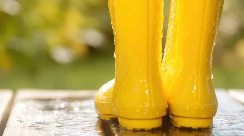 Bright yellow rainboots with water droplets on a wet wooden deck outdoors