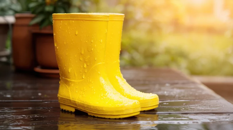 Bright yellow rainboots with water droplets on a wet wooden deck in a garden setting