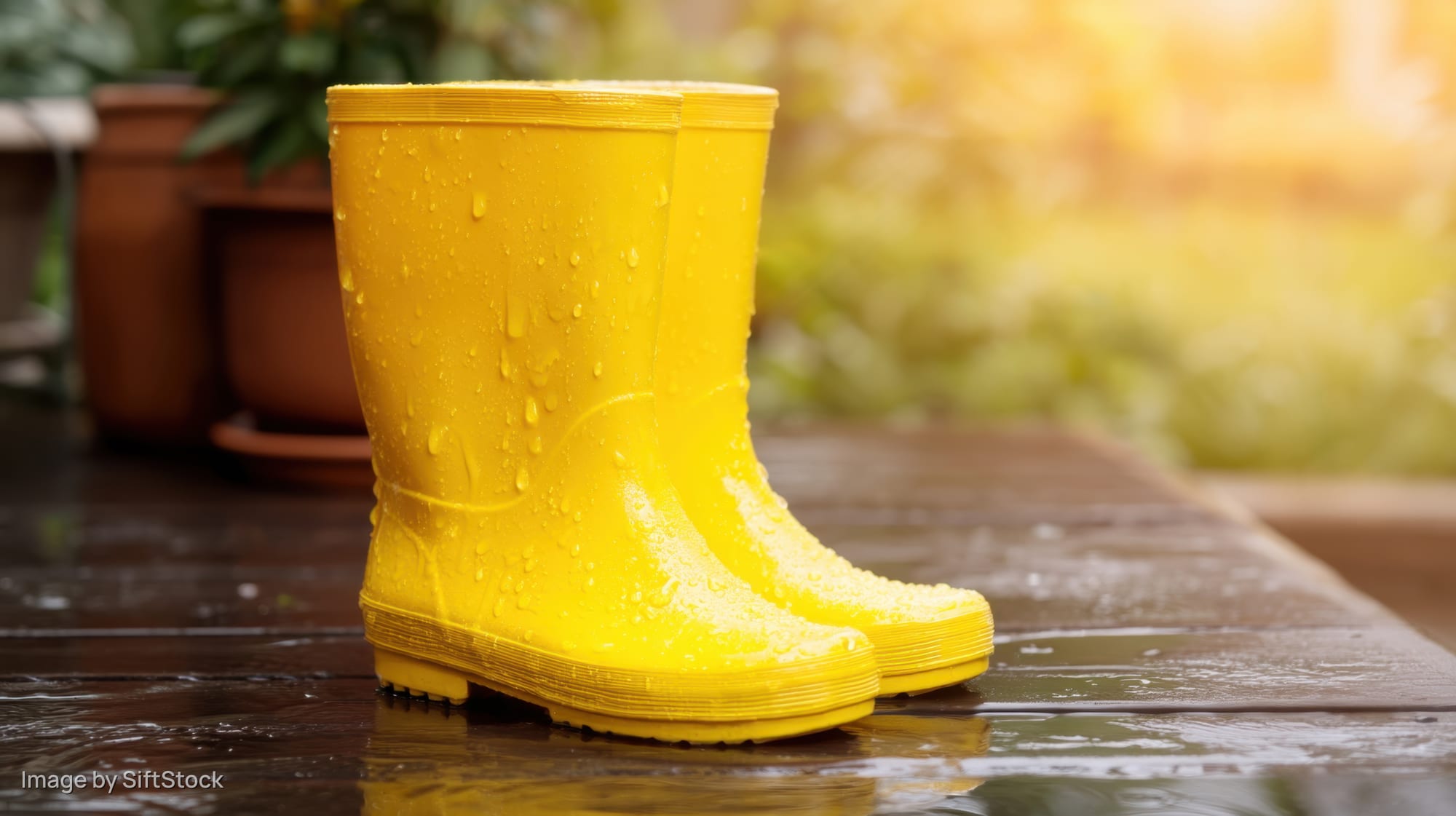 Bright yellow rainboots with water droplets on a wet wooden deck in a garden setting