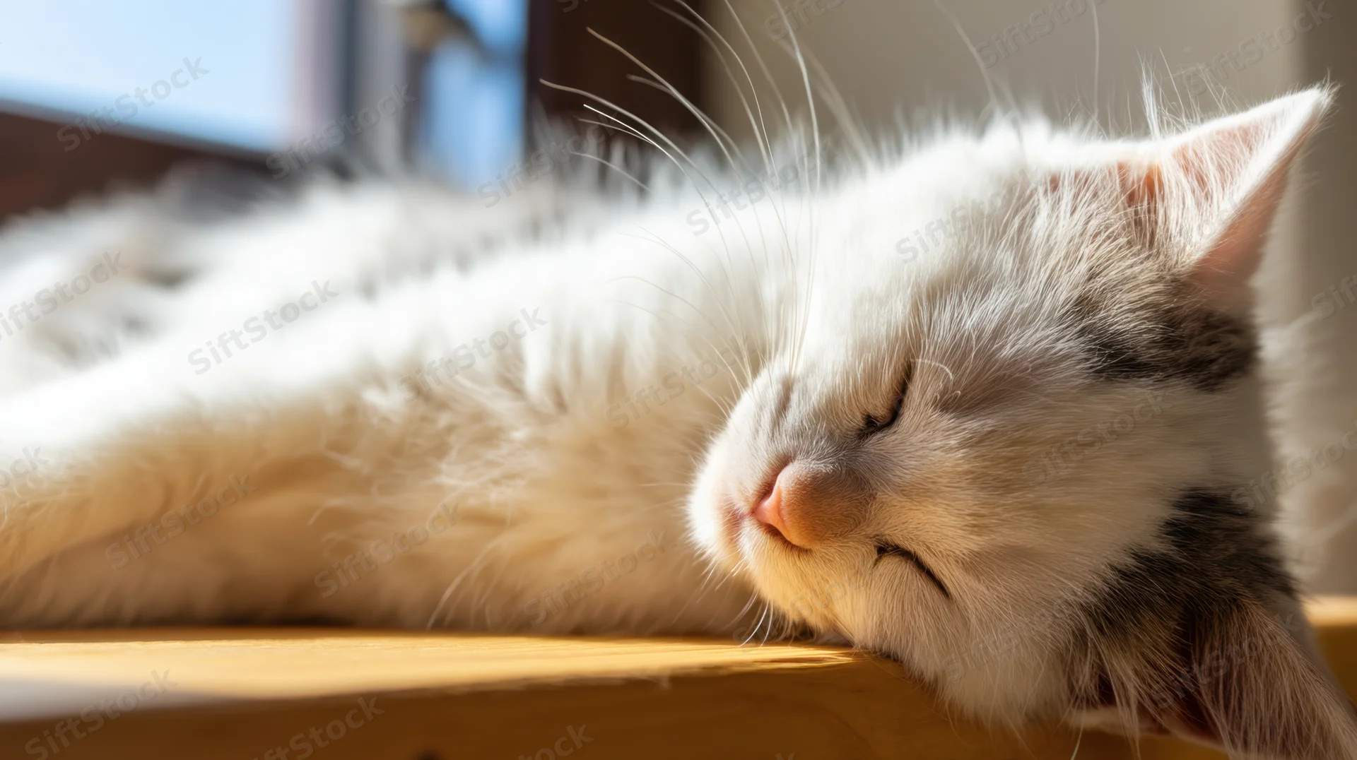 White fluffy cat sleeping peacefully on wooden surface near window in sunlight