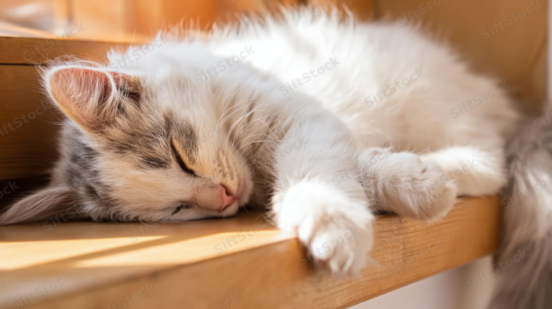 Fluffy white and gray cat sleeping peacefully on a wooden shelf in sunlight