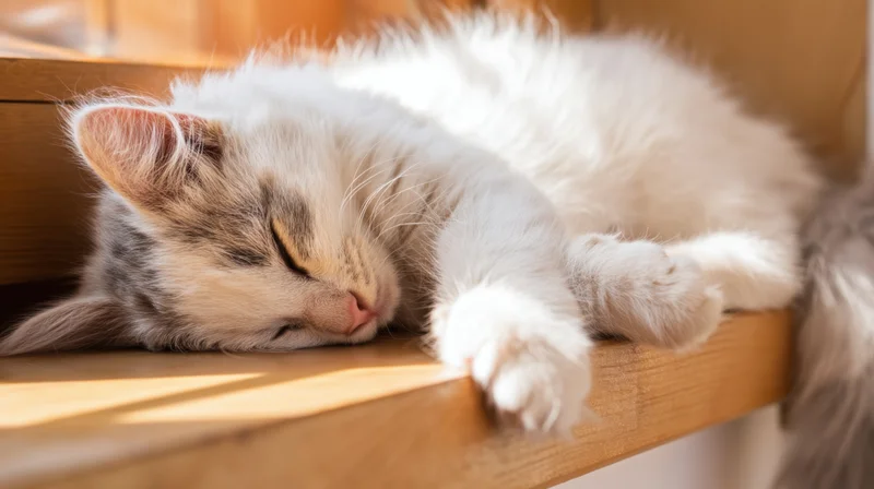 Fluffy white and gray cat sleeping peacefully on a wooden shelf in sunlight