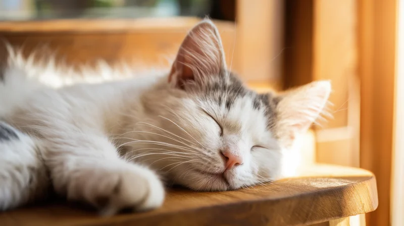 White and gray cat sleeping peacefully on wooden table indoors
