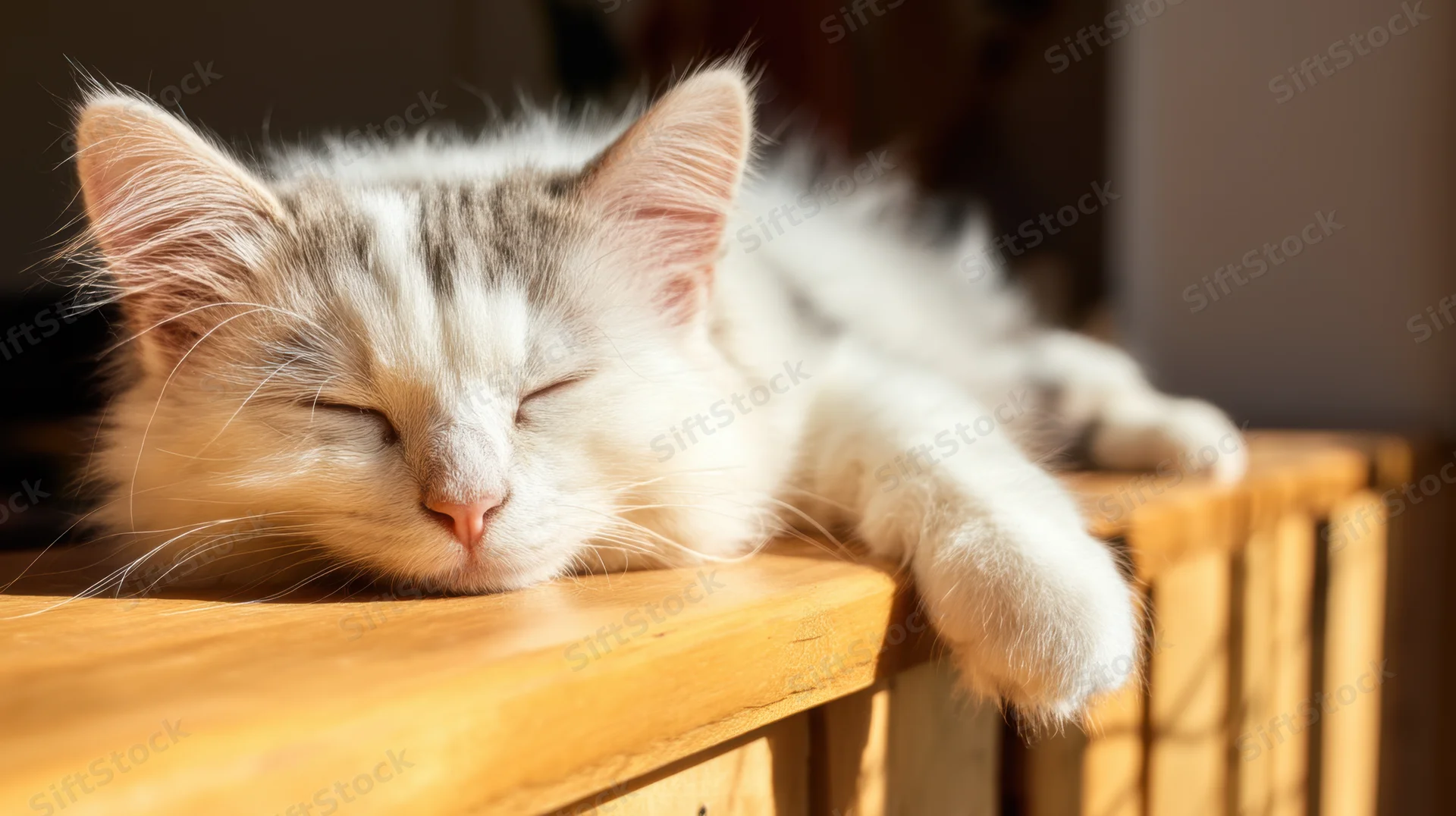 Fluffy white kitten sleeping with eyes closed on wooden surface indoors