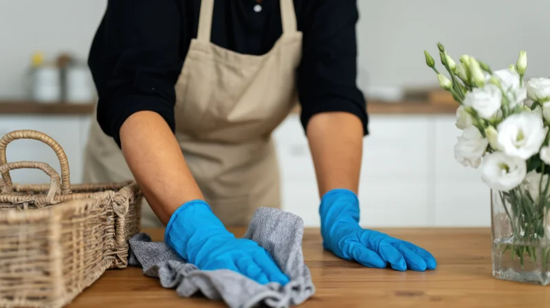 Woman wearing blue gloves and apron wiping wooden countertop in kitchen