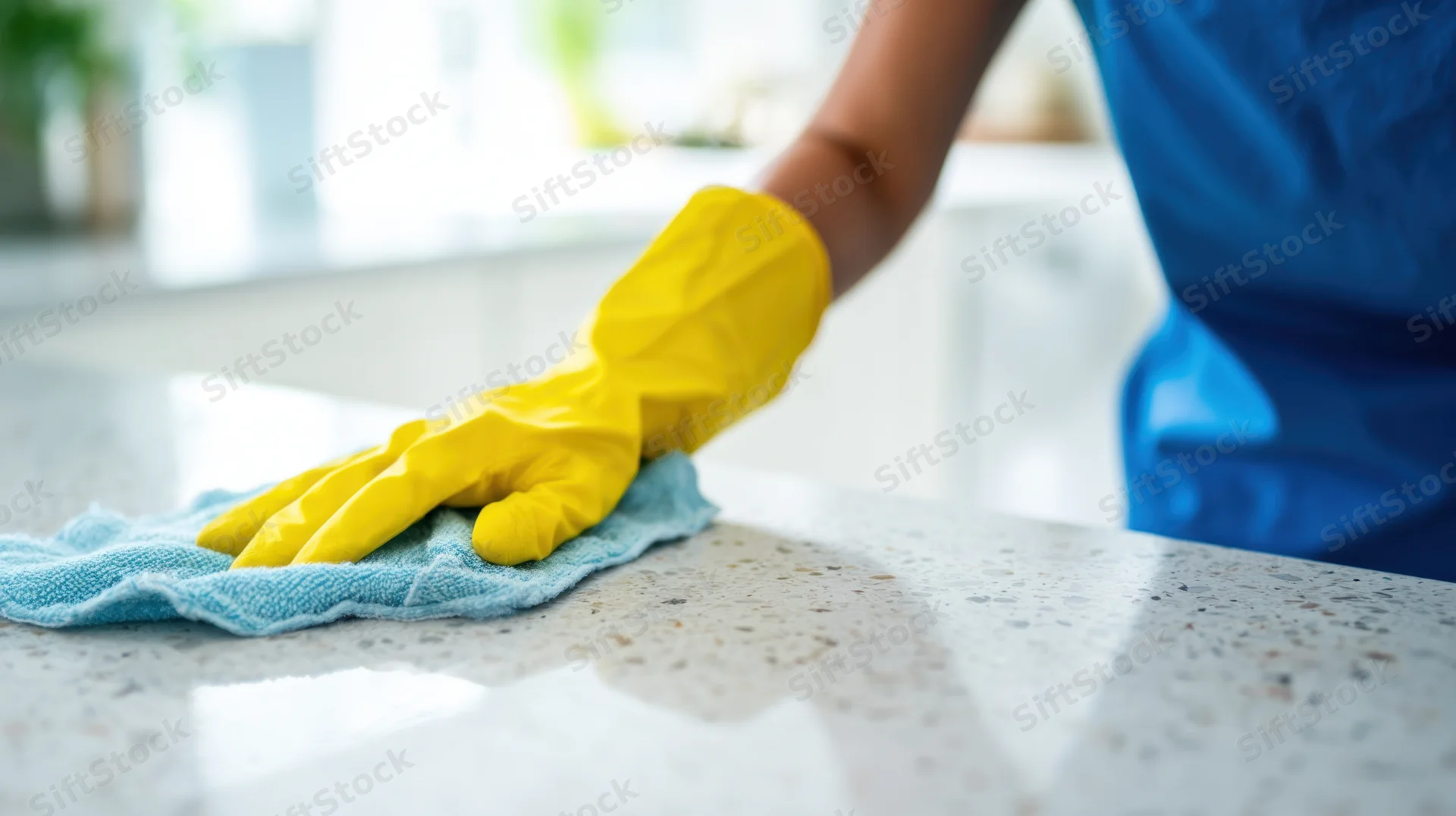 Woman in blue shirt wiping kitchen countertop with cloth while wearing yellow glove