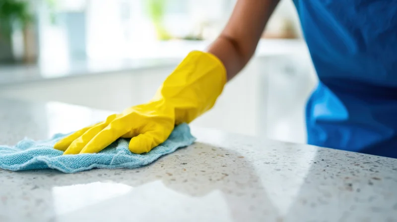 Woman in blue shirt wiping kitchen countertop with cloth while wearing yellow glove