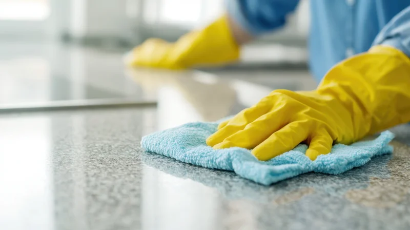 Woman wearing yellow gloves wiping a countertop with a blue cloth in a kitchen