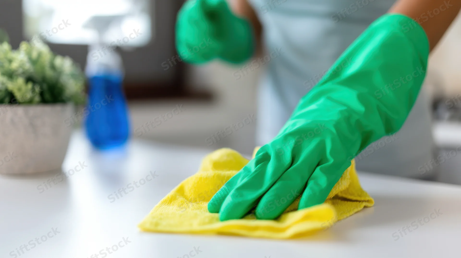Woman wearing green gloves wiping a countertop with a yellow cloth in a kitchen
