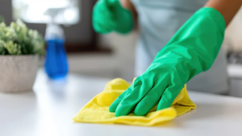 Woman wearing green gloves wiping a countertop with a yellow cloth in a kitchen