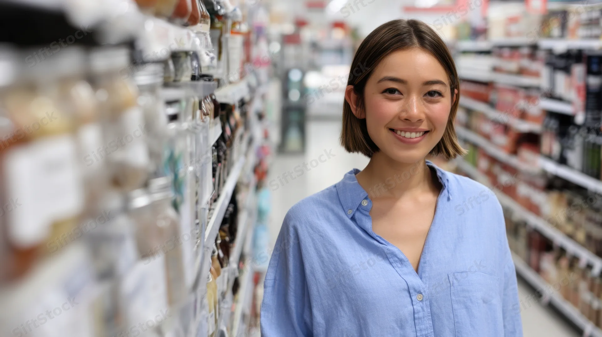 Smiling woman in a supermarket aisle surrounded by shelves of products