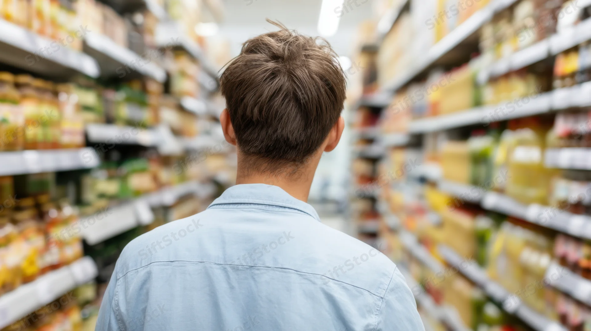 Man shopping in supermarket aisle viewed from behind