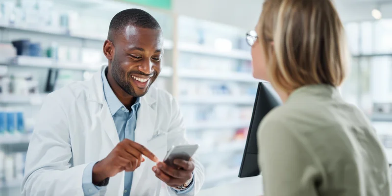 Pharmacist in white lab coat smiling while showing smartphone to patient at pharmacy counter