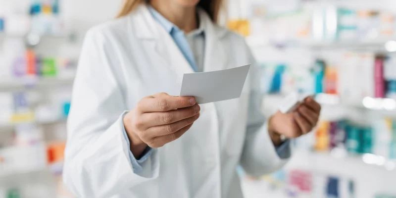 Pharmacist holding prescription and medication in pharmacy