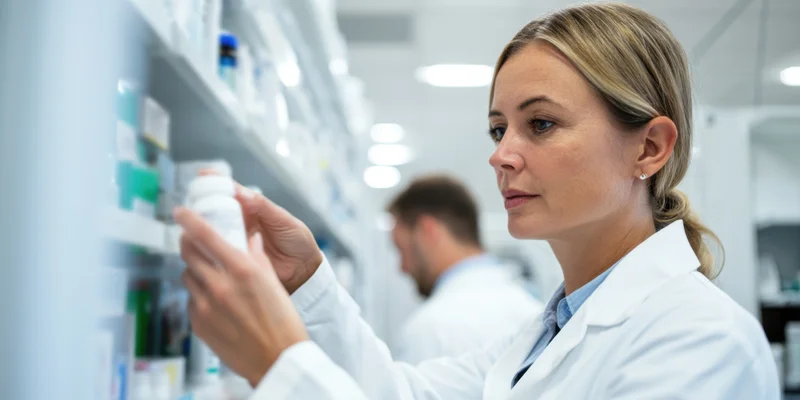 Pharmacist examining medication bottle on pharmacy shelf
