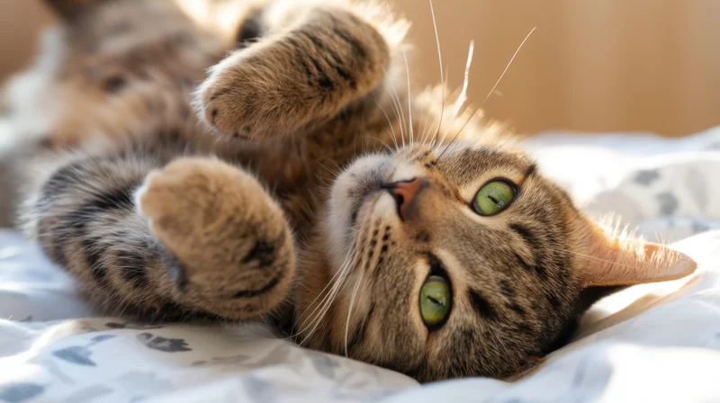 Tabby cat lying on its back on a floral blanket in a sunlit room