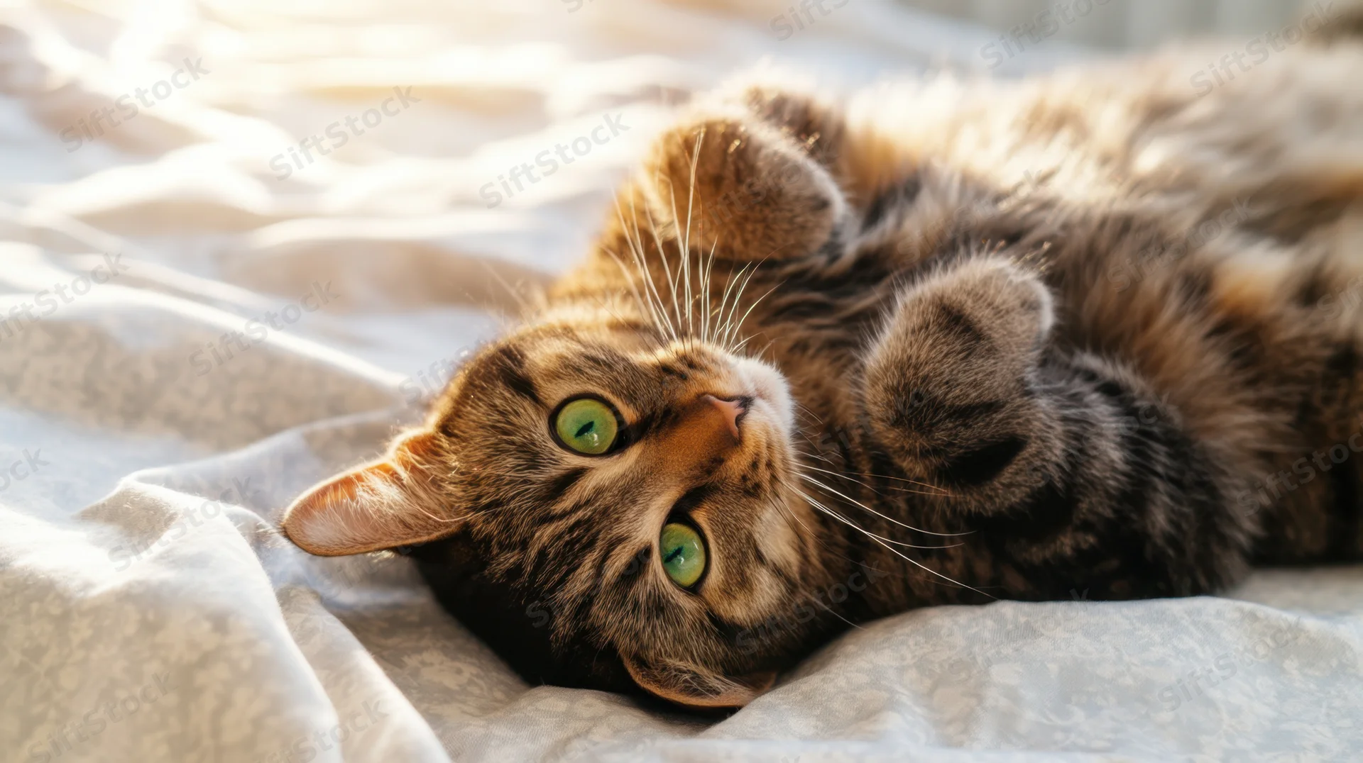 Playful tabby cat lying on its back on a soft blanket in a sunlit room