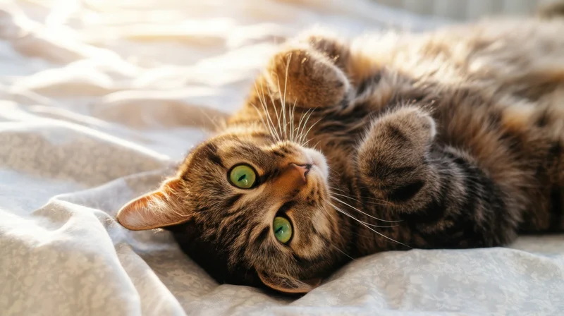 Playful tabby cat lying on its back on a soft blanket in a sunlit room