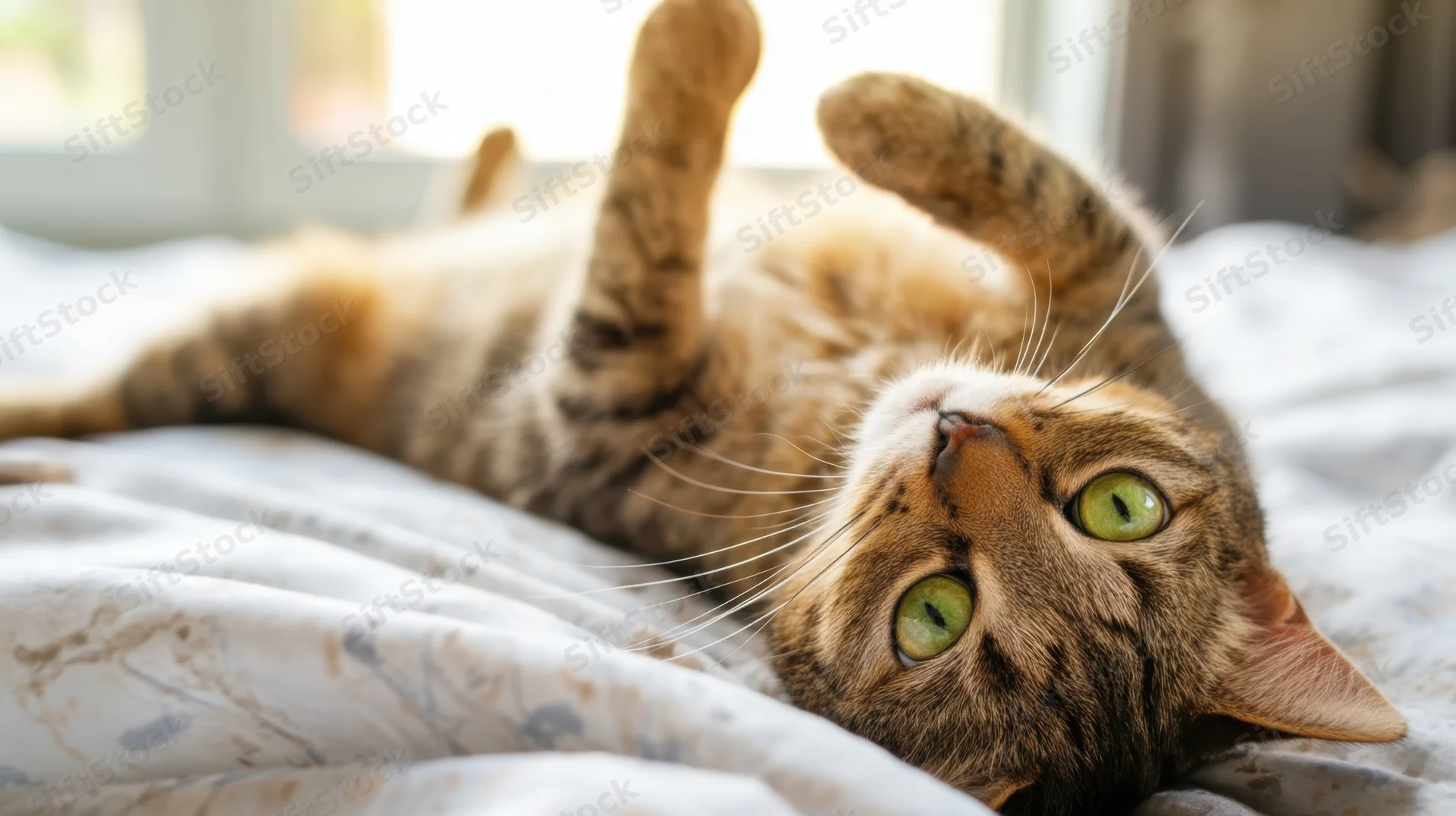 Tabby cat lying on its back on a bed with paws up, looking up with green eyes