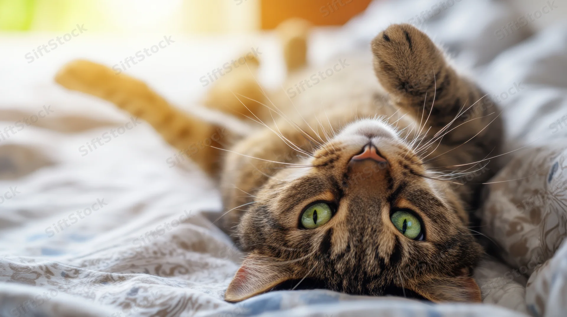 Playful tabby cat lying on its back on a patterned blanket in a sunlit bedroom