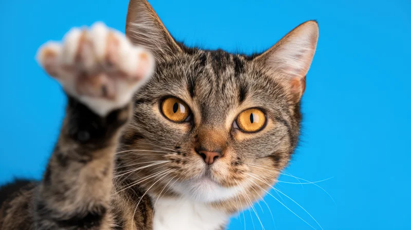 Tabby cat reaching with paw raised against blue background