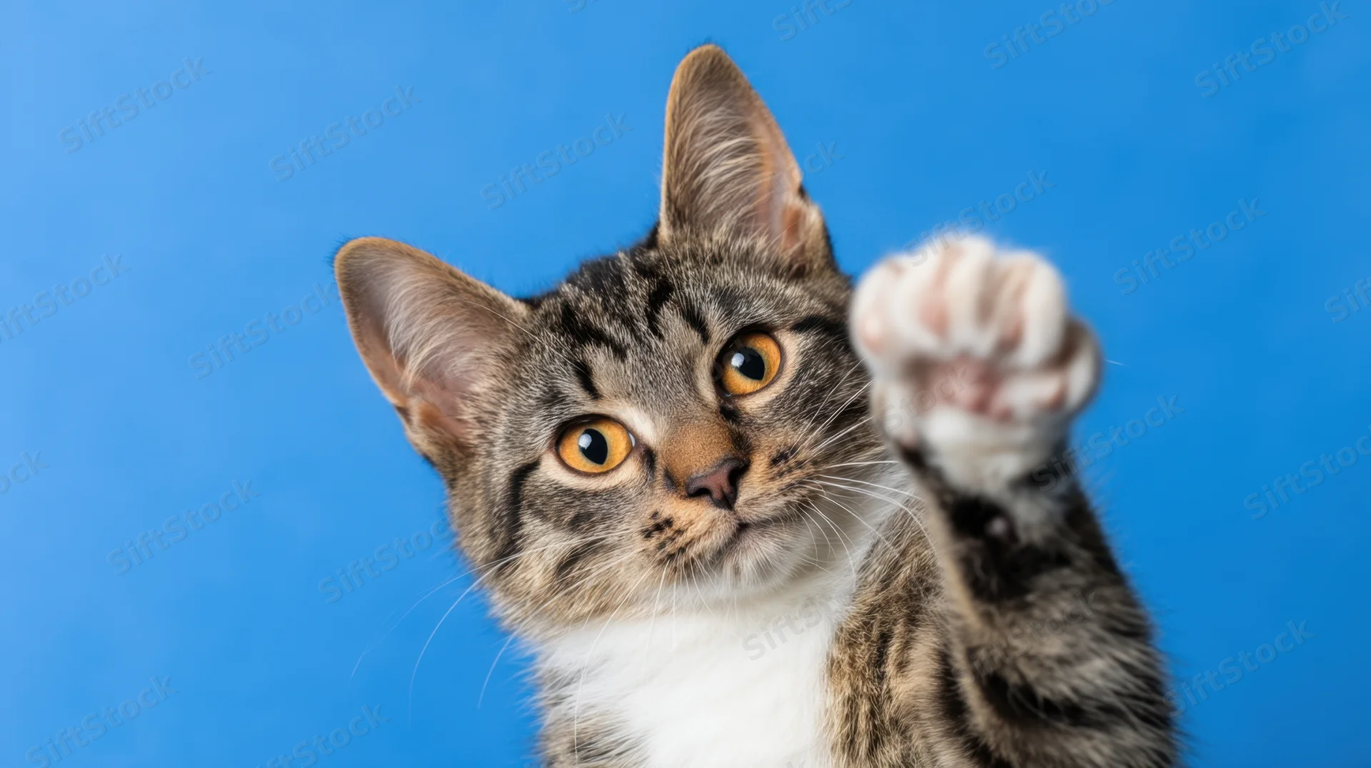 Tabby cat raising paw against blue background