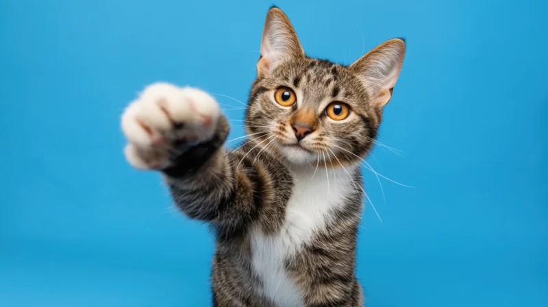 Tabby cat reaching out with paw against blue background