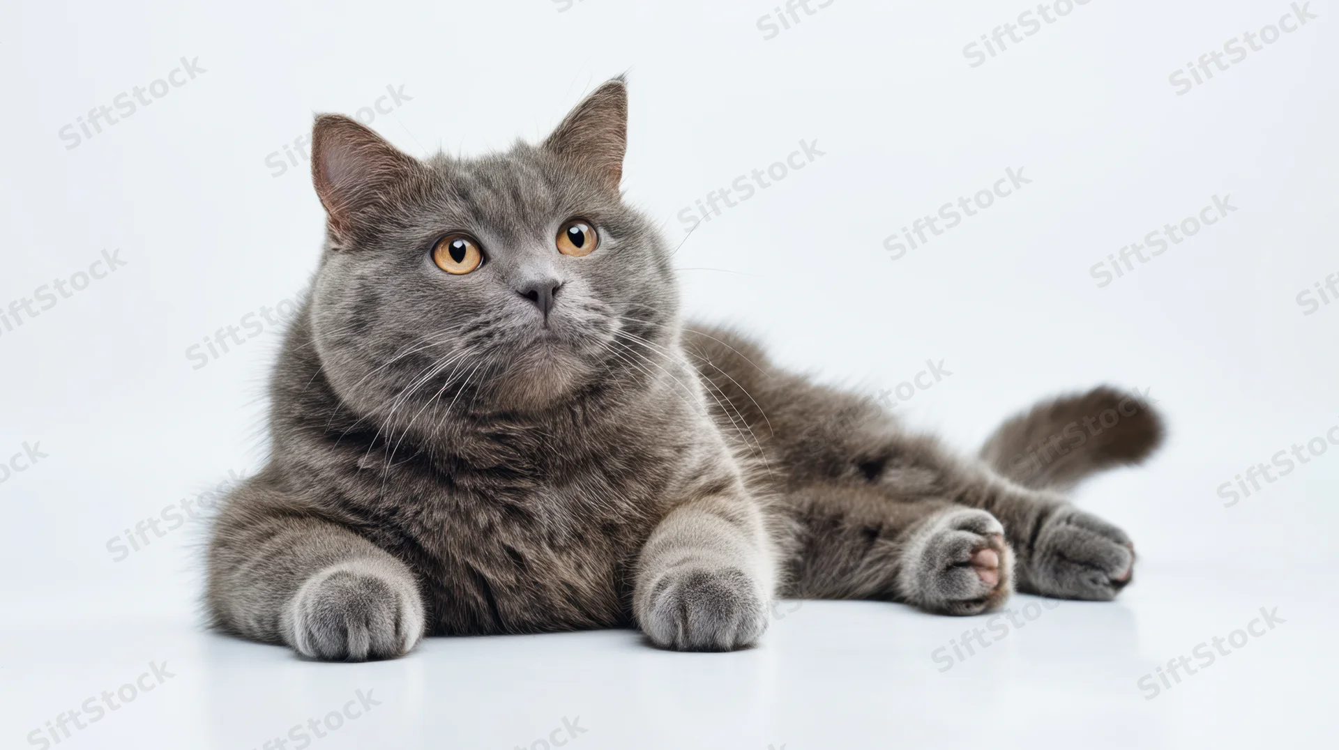 Plump gray cat lying on white surface in studio view