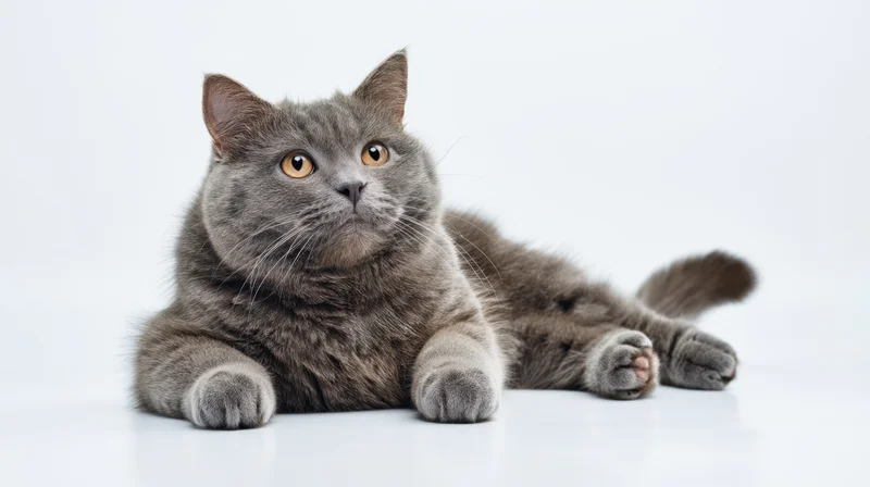 Plump gray cat lying on white surface in studio view