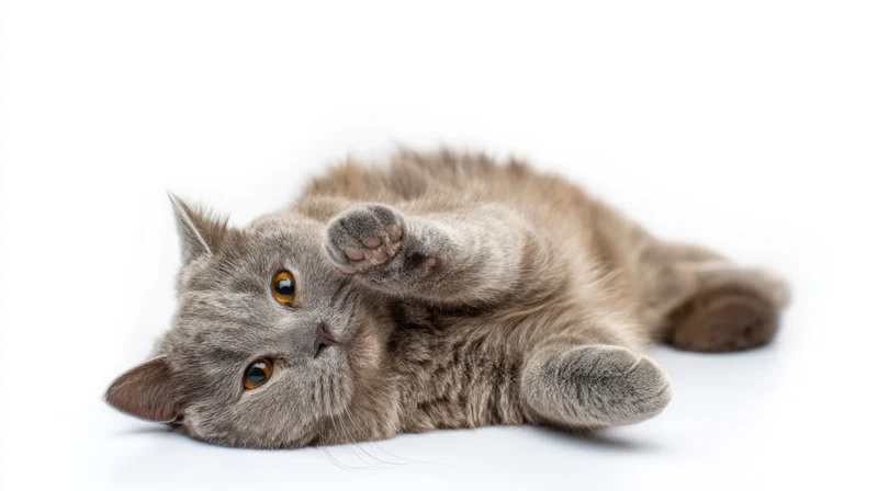 Gray cat lying on back with paws up on white background
