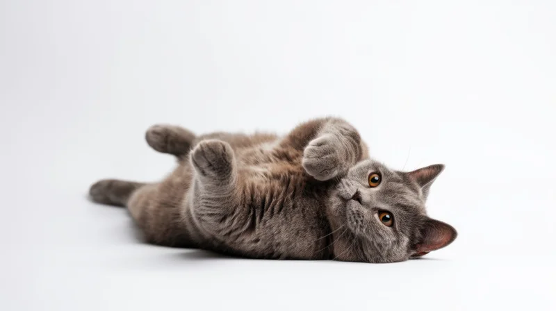 Plump gray cat lying on back with paws up in studio setting