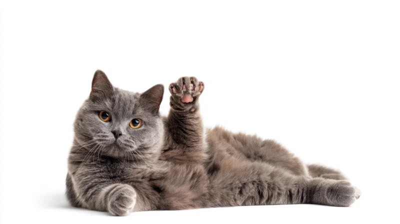 Gray cat lying on white background with one paw raised