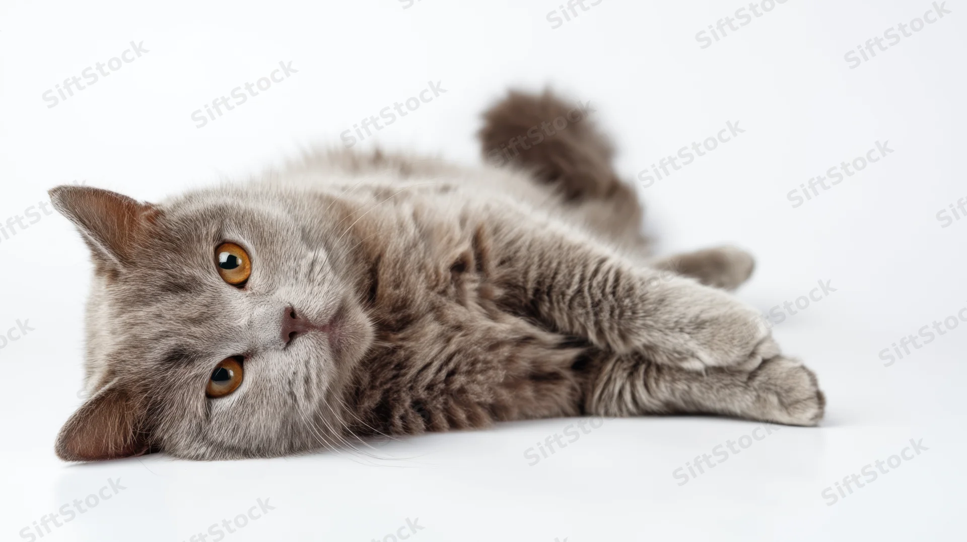 Gray cat lying on white background, looking up with orange eyes