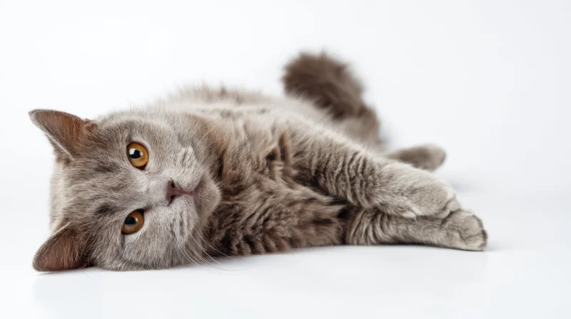 Gray cat lying on white background, looking up with orange eyes