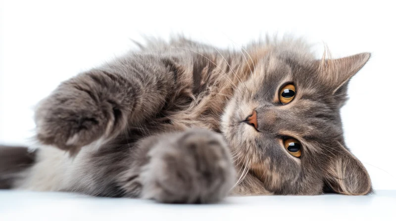 Gray fluffy cat lying on white surface looking up with orange eyes