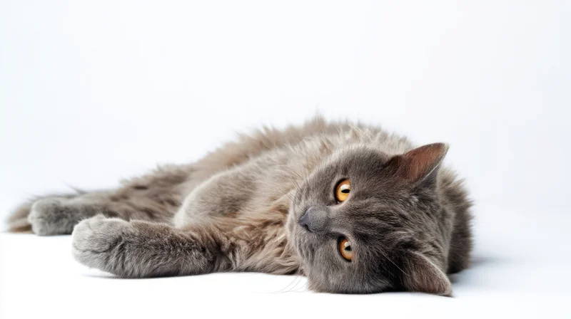 Gray fluffy cat lying on white background with orange eyes looking up