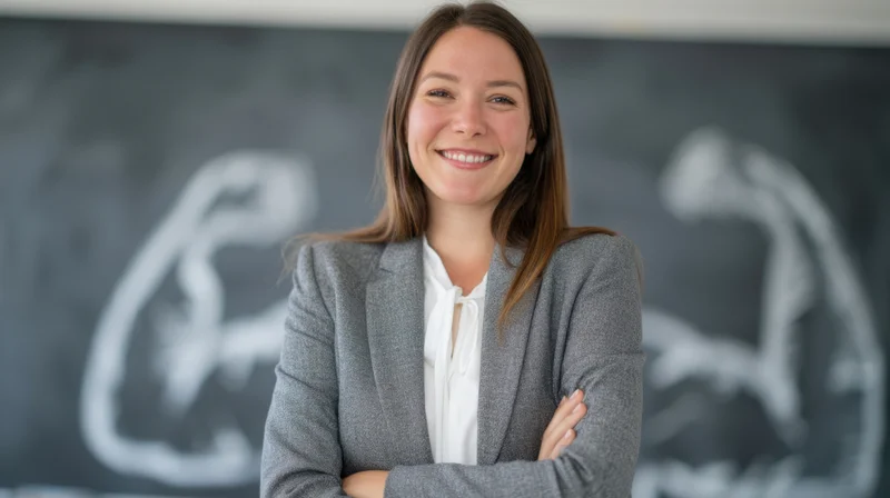 Woman smiling with arms crossed in front of a blackboard in a classroom