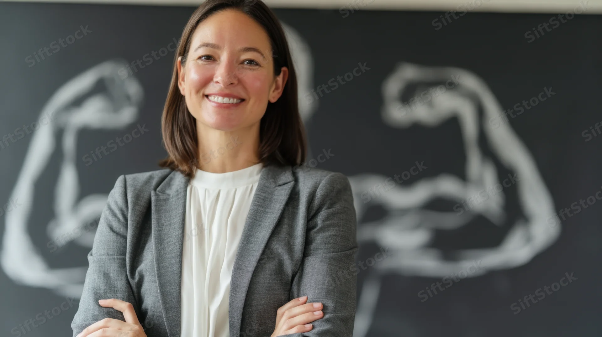 Woman in gray blazer smiling with arms crossed in front of chalkboard with flexing arms drawing